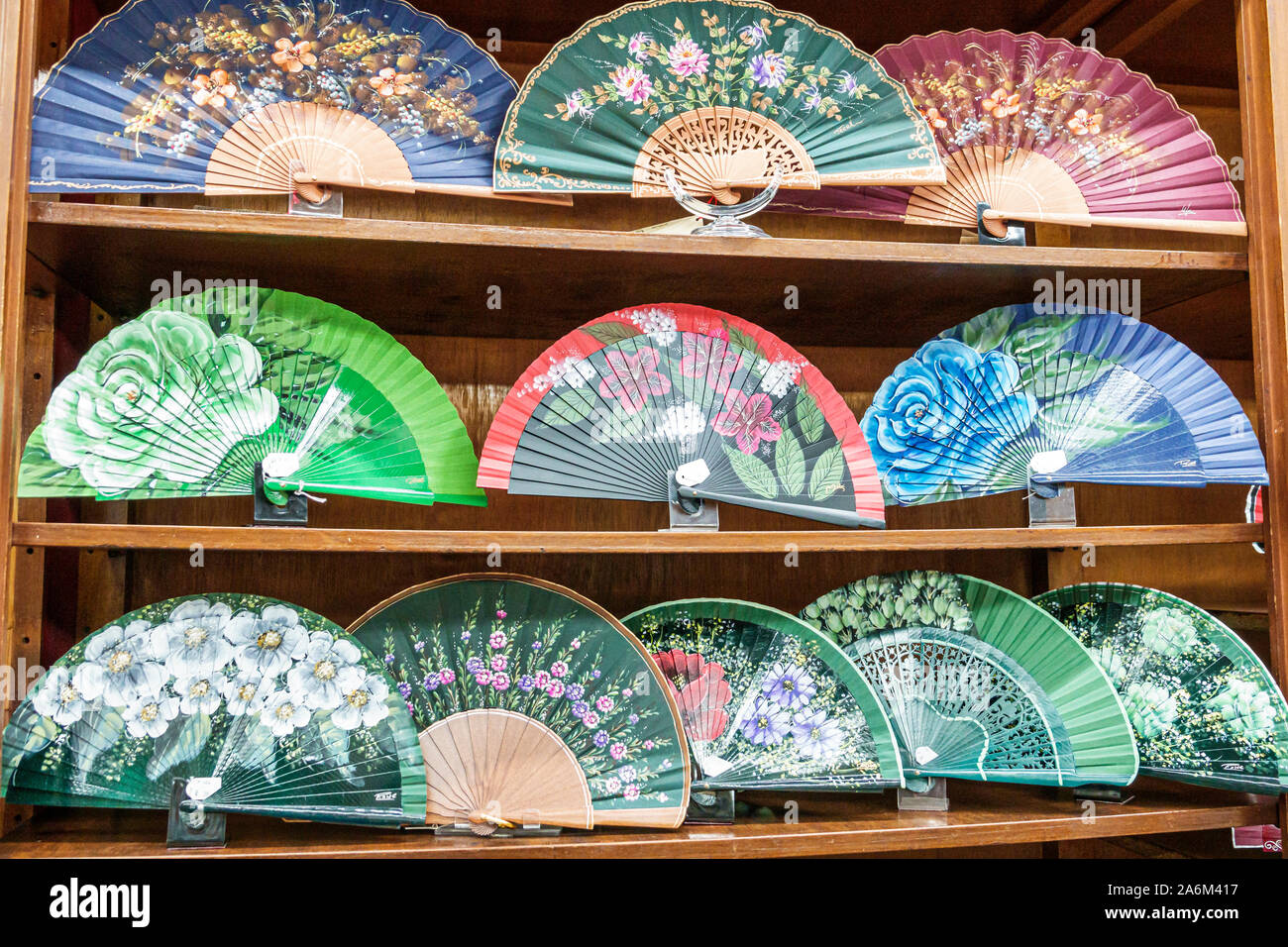 Valencia Spain Hispanic,Ciutat Vella,old city,historic center,Plaza de la Reina,store,souvenirs,artisanal gifts,hand fans,painted,display sale shelves Stock Photo