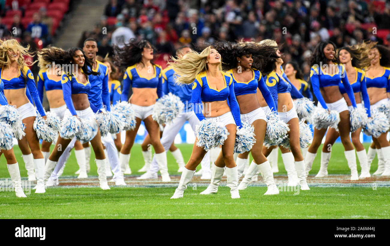 London, UK.  27 October 2019.  Rams cheerleaders ahead of the NFL match Cincinnati Bengals v Los Angeles Rams at Wembley Stadium, game 3 of this year's NFL London Games.  Credit: Stephen Chung / Alamy Live News Stock Photo