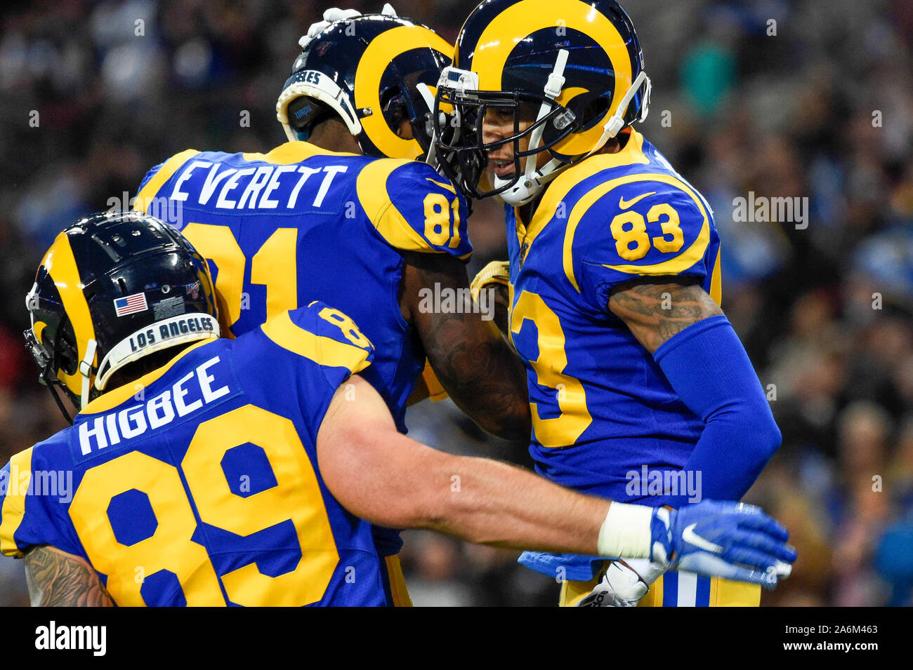 London, UK. 27 October 2019. Rams Wide Receiver, Josh Reynolds (83)  celebrates with Rams Tight End, Gerald Everett (81) and Rams Tight End,  Tyler Higbee (89) after scoring during the NFL match