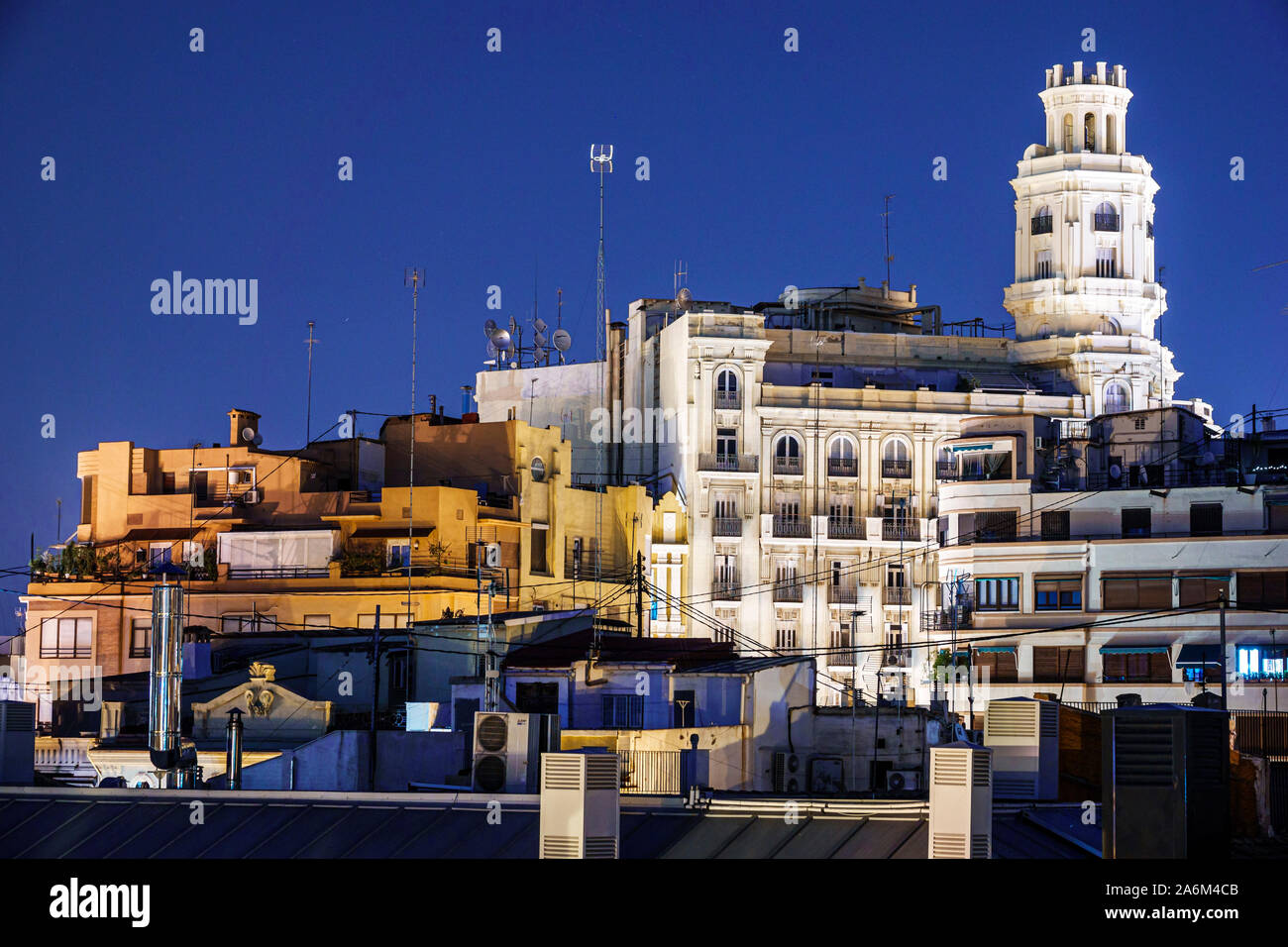 Valencia Spain Hispanic,Ciutat Vella,old city,historic district,Vincci Mercat,hotel,rooftop view,buildings,dusk,night evening,ES190828228 Stock Photo