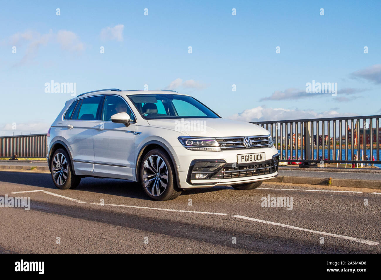 2019 white new Volkswagen Tiguan R-Line Tech TDI S- on the seafront promenade, Southport, Merseyside, UK Stock Photo