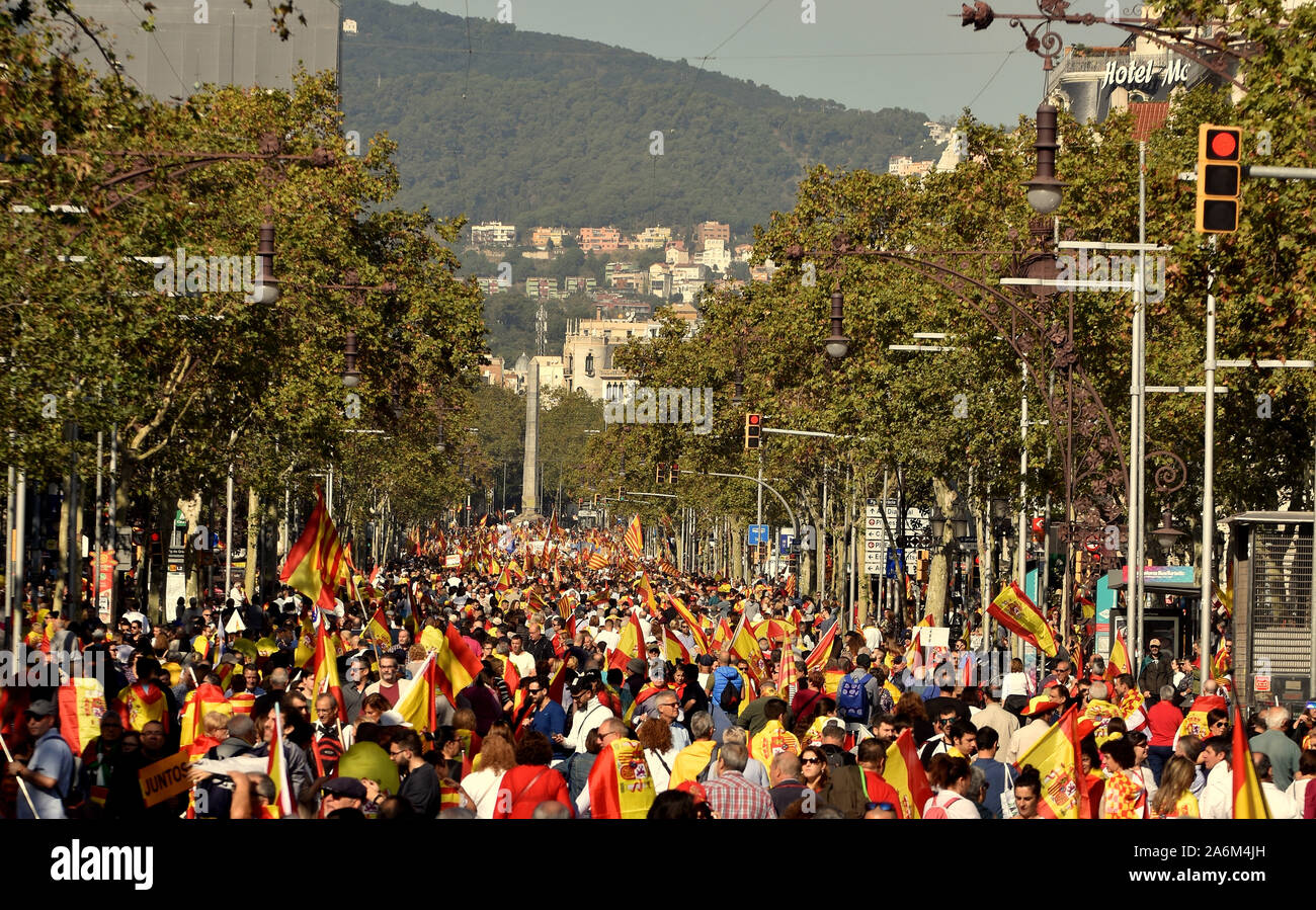 Protesters Hold Flags Of Spain During The Demonstration Some 80 000 People According To The Local Police Summoned By Catalan Civil Society Demonstrate In Barcelona In Favour Of The Unity Of Spain And Against