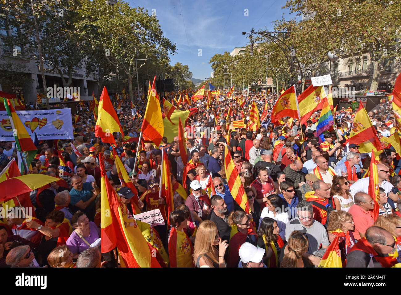 Protesters Wave Flags Of Spain During The Demonstration Some 80 000 People According To The Local Police Summoned By Catalan Civil Society Demonstrate In Barcelona In Favour Of The Unity Of Spain And Against
