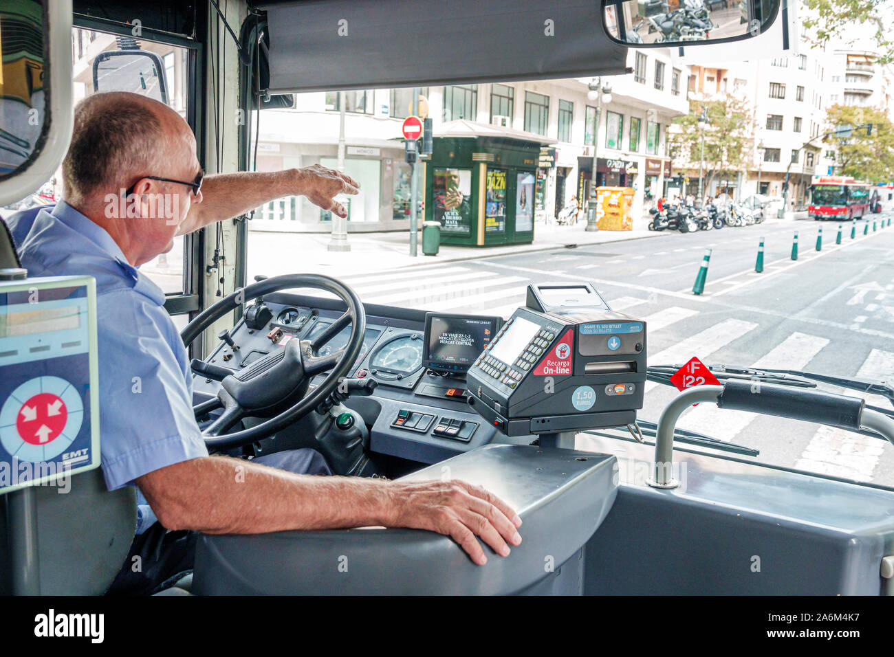 Valencia Spain,Hispanic Latin Latino,Ciutat Vella,old city,historic center,bus,inside interior,public transportation,man men male adult adults,driver, Stock Photo