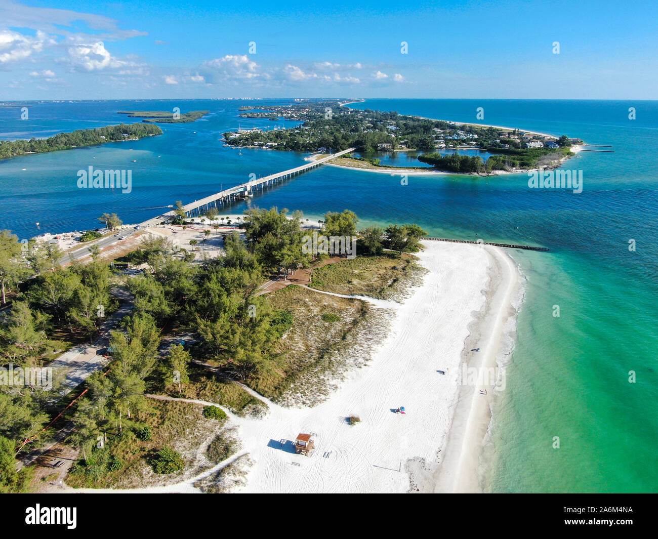 Aerial view of bridge between Anna Maria Island and Longboat key, barrier island on Florida Gulf Coast. Manatee County. USA Stock Photo