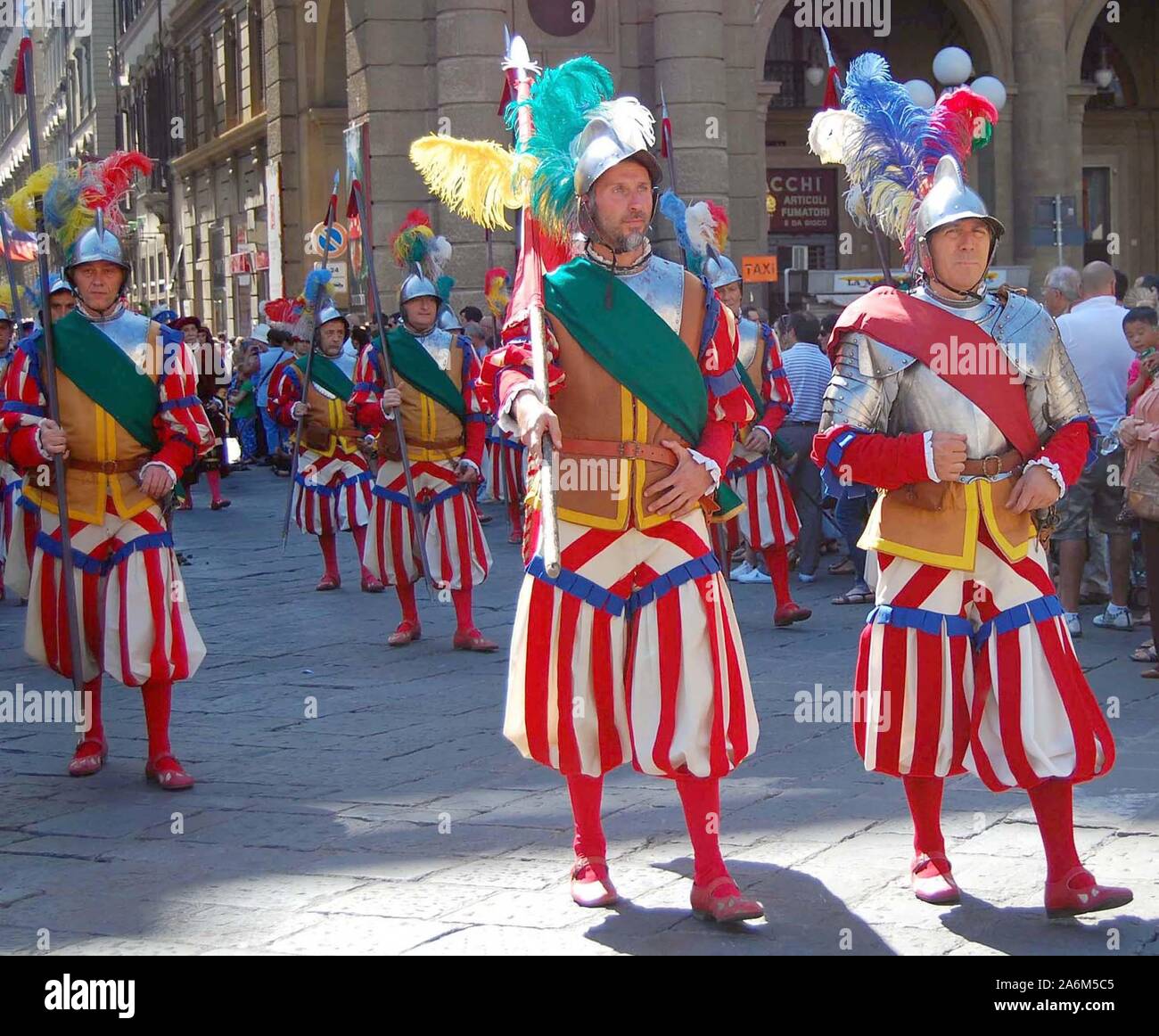 Players wearing traditional costumes, taking part in a parade for the Calcio Storico football tournament in Florence, Italy, June 2011. Stock Photo