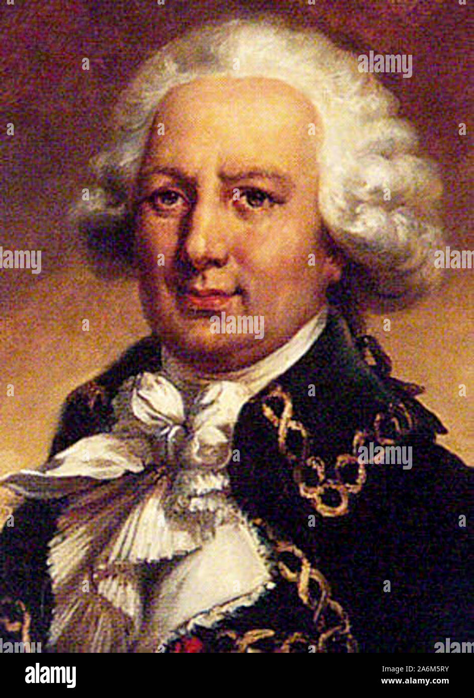 Louis-Antoine de Bougainville, by Jean-Pierre Franquel. Louis-Antoine, Comte de Bougainville (1729 – 1811) French admiral and explorer. Also known for having the Bougainvillea flower were named after him Stock Photo