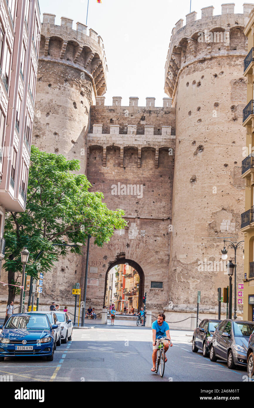 Valencia Spain,Ciutat Vella,old city,historic district,Torres de Quart,Gothic style defensive towers,1400s,Medieval city wall,historical landmark,arch Stock Photo