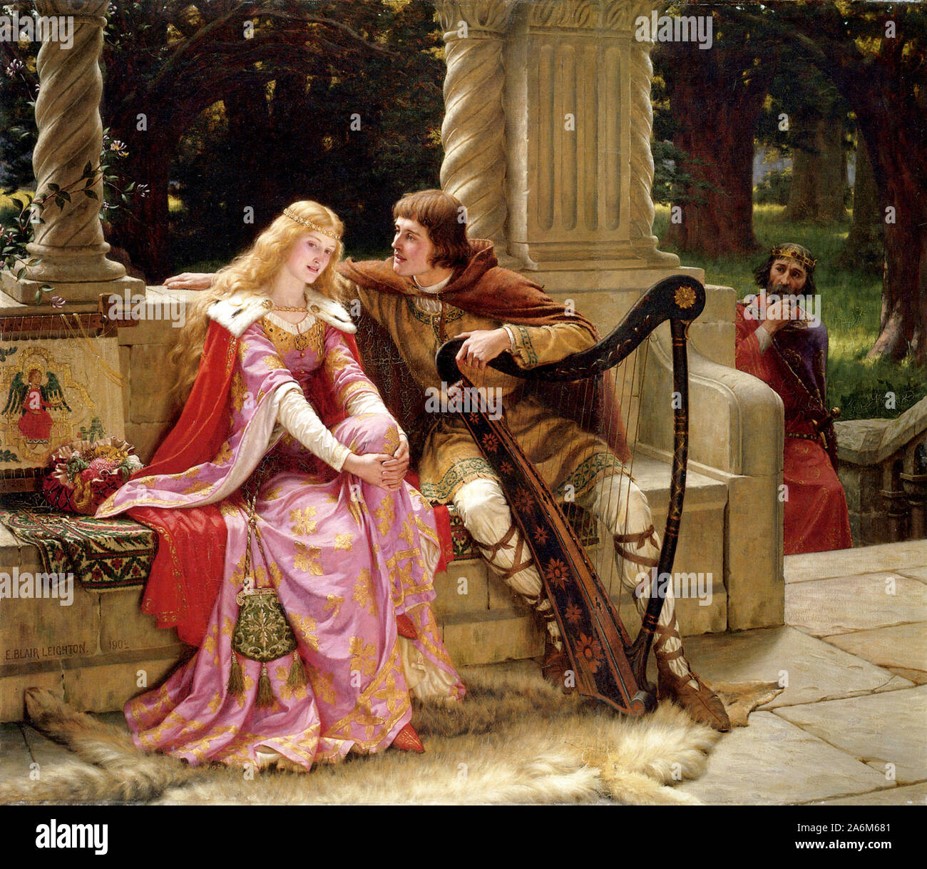 Tristan, Iseult and Mark in The End of the Song by Edmund Leighton. Tristan and Iseult, romance story, tragedy about the adulterous love between the Cornish knight Tristan, Tristram and the Irish princess Iseult, Isolde, Yseult. Stock Photo