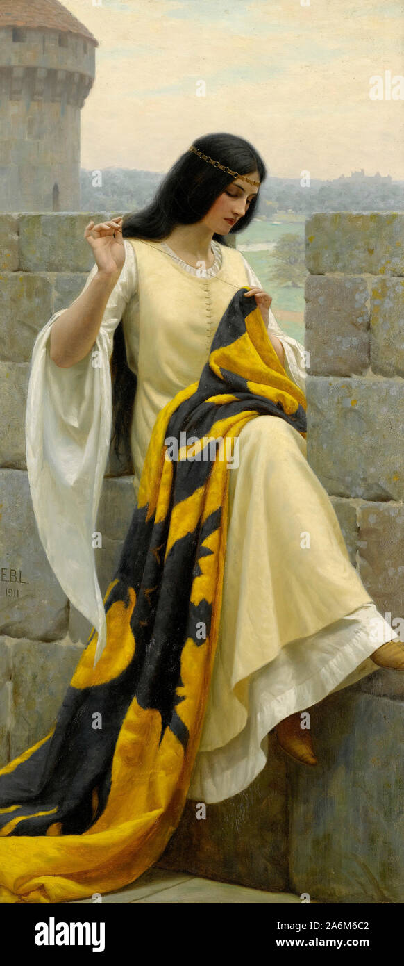 Stitching the Standard: the lady prepares for a knight to go to war, by Edmund Leighton Stock Photo