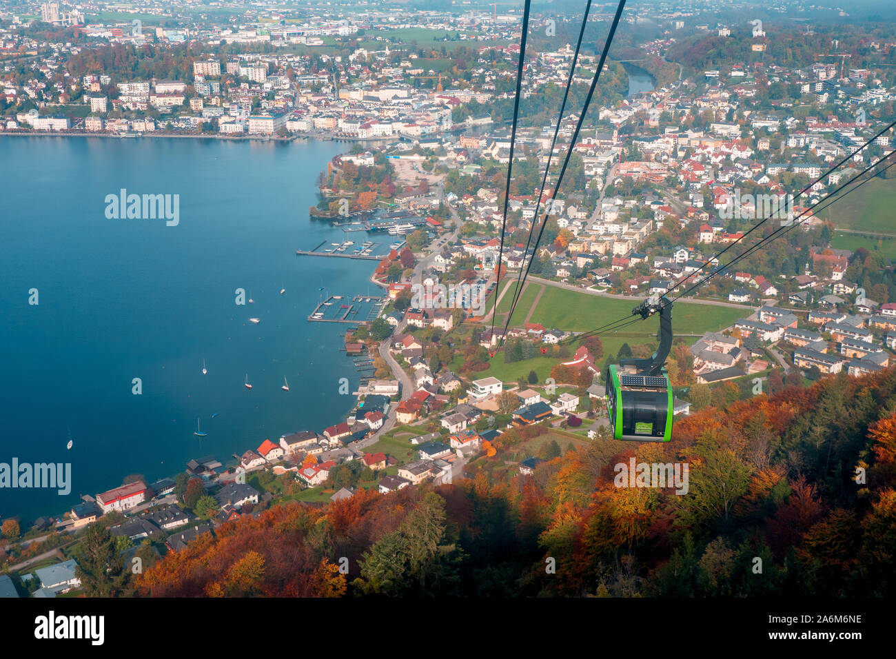 View of Gmunden and the Traunsee from the Grünberg cable car in Gmunden, OÖ, Austria, on a sunny day in autumn Stock Photo