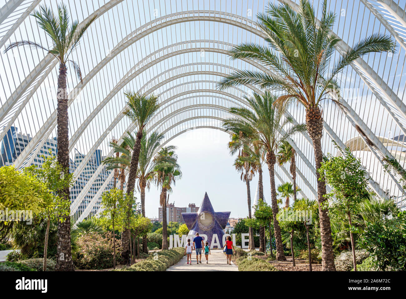 Valencia Spain,las Artes y las Ciencias,City of Arts & Sciences,L'Umbracle,Santiago Calatrava,architecture,sculpture botanical garden,parabolic arches Stock Photo