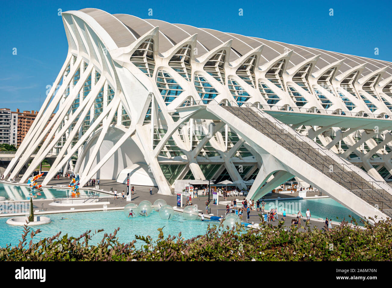 Valencia Spain,las Artes y las Ciencias,City of Arts & Sciences,Principe Felipe Prince Philip Science Museum,Santiago Calatrava,architecture,exterior, Stock Photo