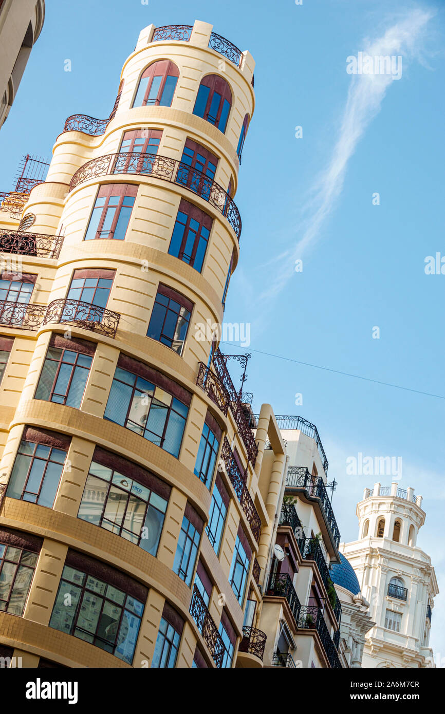 Spain,Valencia,Ciutat Vella,old city,historic district,Carrer de Sant Vicent Martir,high rise building,residential apartments,round tower,ES190830134 Stock Photo