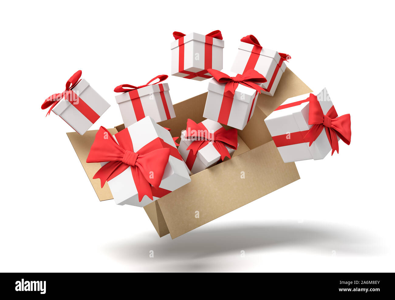 3d rendering of cardboard box flying in air full of gift boxes. Holiday season fuss. Choice of presents. Holiday specials. Stock Photo