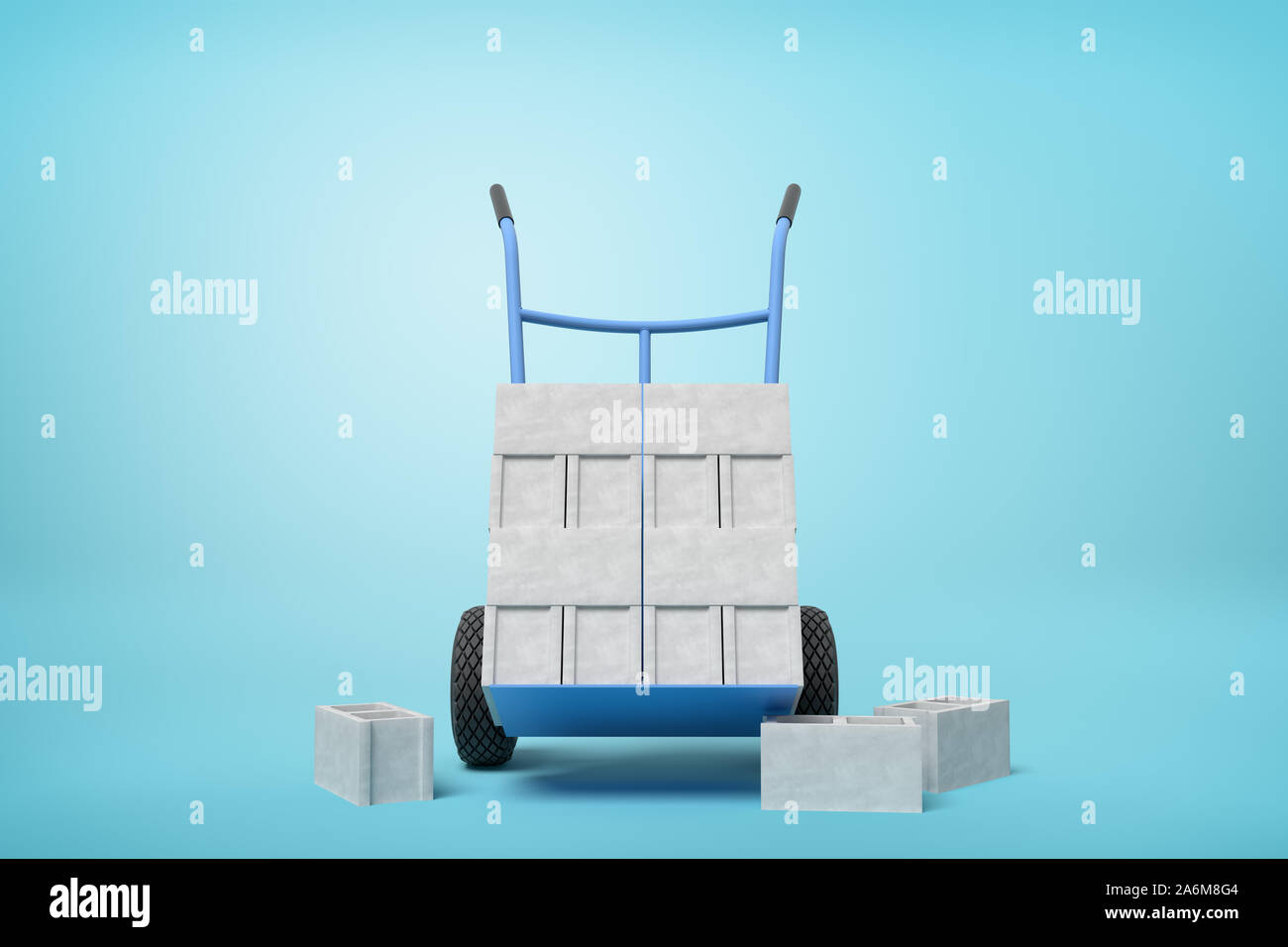 3d rendering of stack of grey hollow bricks on blue hand truck with several bricks lying on ground on light-blue background. Material handling. Buildi Stock Photo