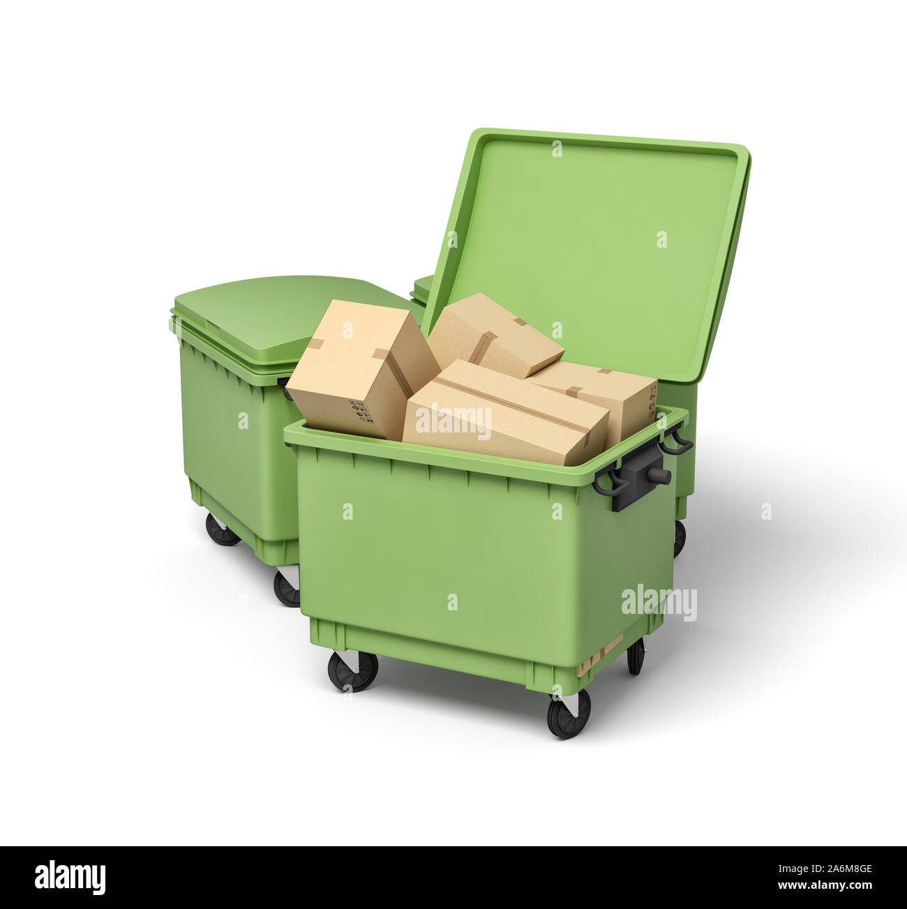 3d rendering of green trash bins with cardboard boxes inside. Digital art. Rubbish can. Storage and containers. Stock Photo