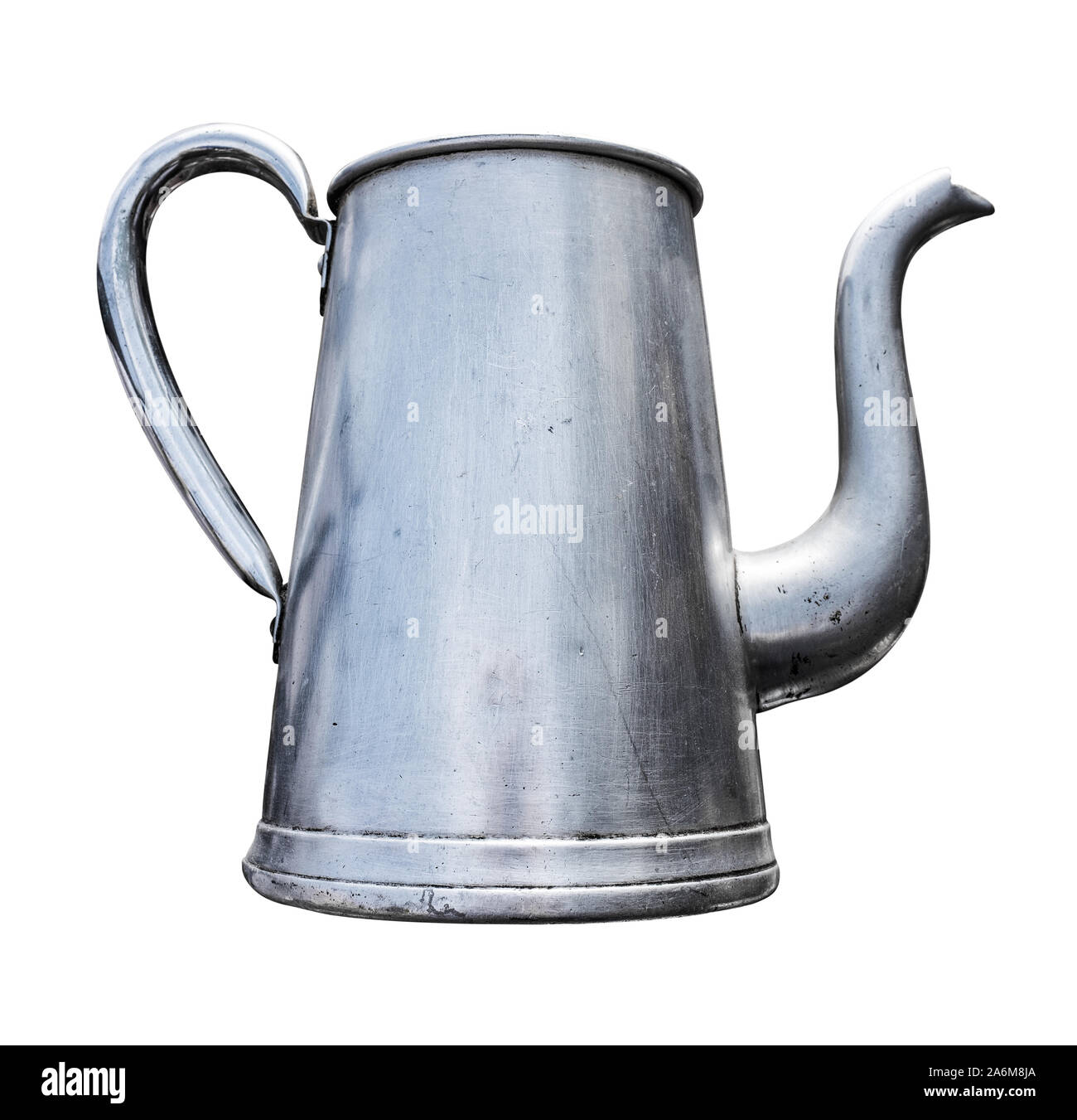 Antique Slim Metal Teapot With Handle And Spout Isolated On A White