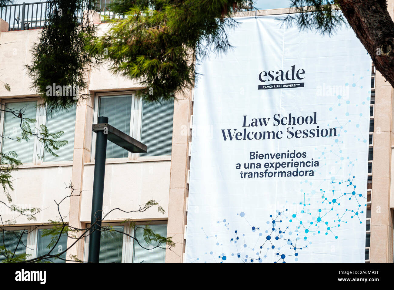 Barcelona Spain,Catalonia Pedralbes,Ramon Llull University,private college,ESADE campus building,Law School,welcome session sign,ES190901065 Stock Photo