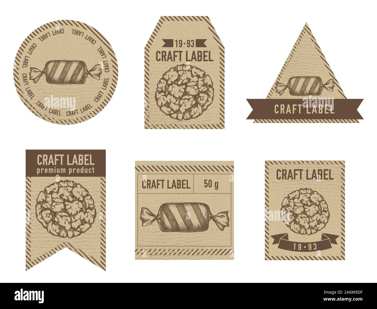 Craft labels vintage design with illustration of candies, cookie stock