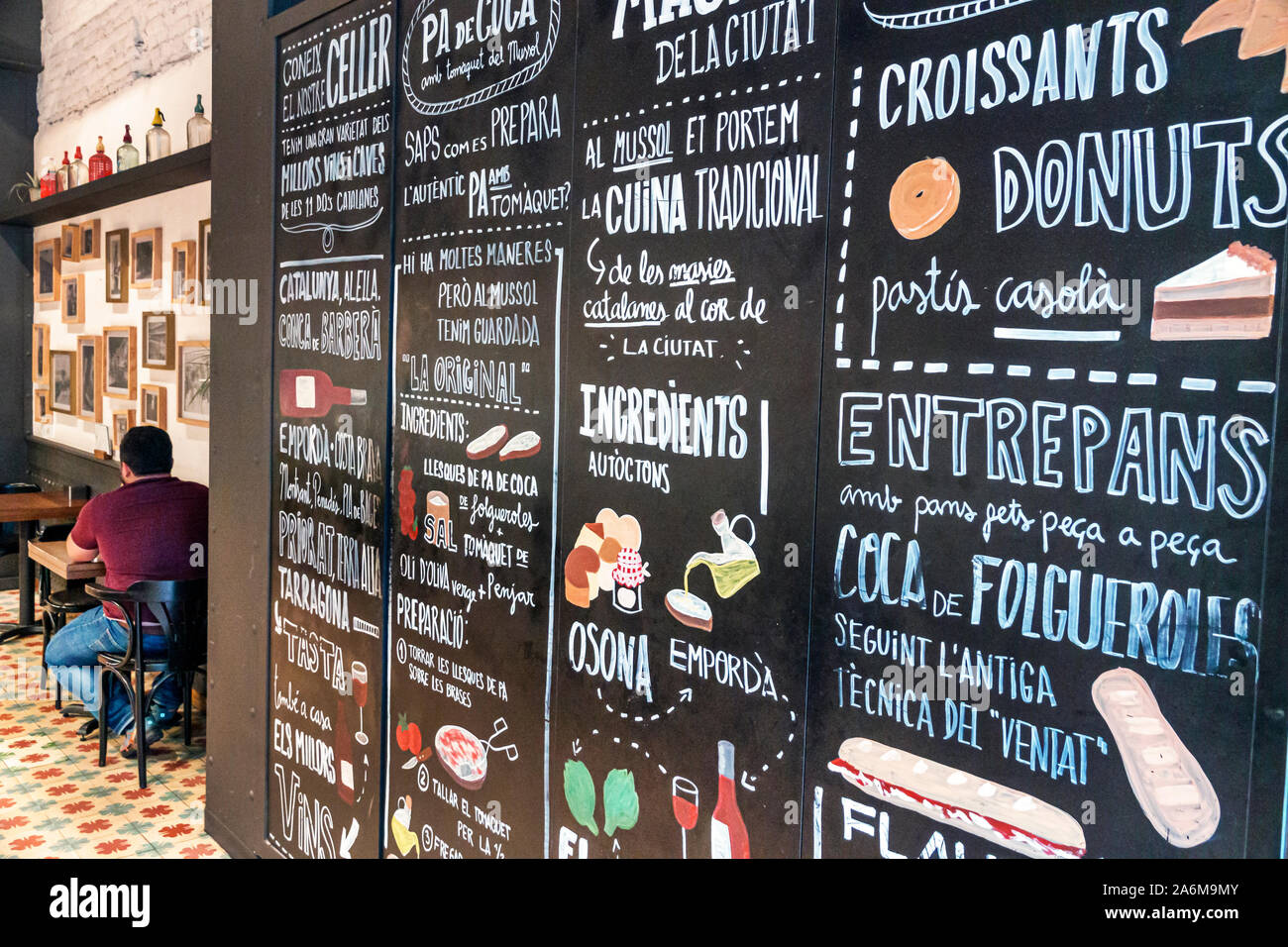 Barcelona Spain,Catalonia Eixample,cafe, restaurant,inside,painted menu,Catalan language,authentic food,ES190901127 Stock Photo