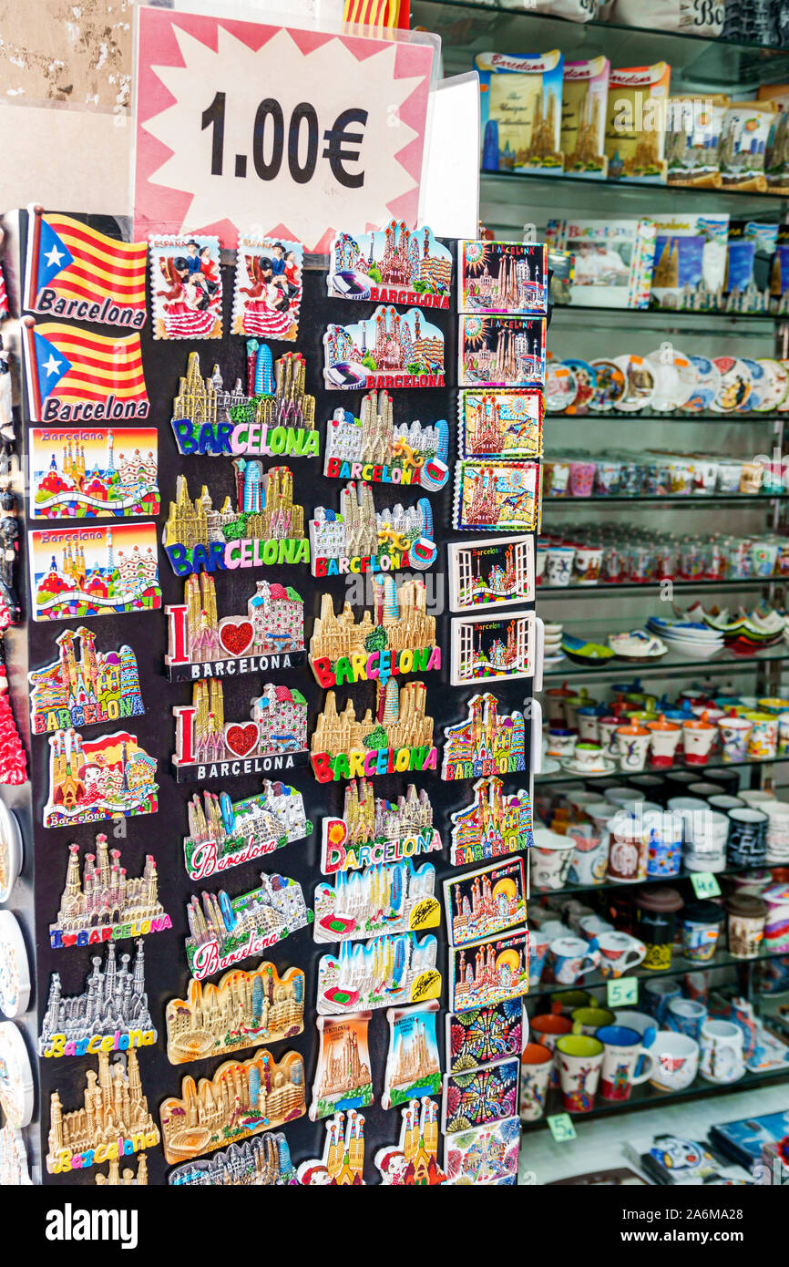 Barcelona Spain,Catalonia Eixample,Sagrada Familia neighborhood,souvenirs,gift shop store,display sale,shopping,refrigerator magnets,1 one Euro,Spanis Stock Photo