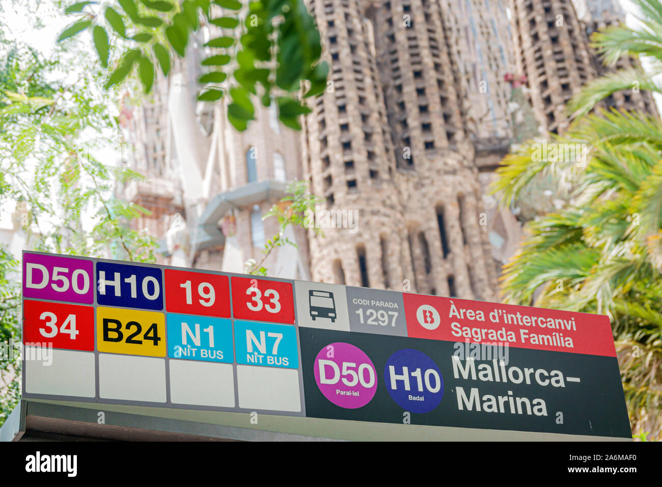 Barcelona Spain,Catalonia Sagrada Familia,Mallorca Marina bus stop,shelter,Transports Metropolitans de Barcelona,TMB,routes,ES190902045 Stock Photo