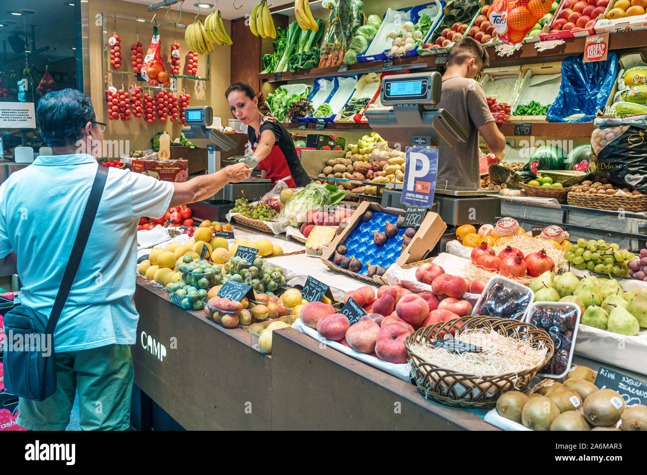 Barcelona Spain,Catalonia Mercat de Sant Antoni Market,historic building,inside interior,display sale,fresh produce fruit,vendor stall stand,peaches,p Stock Photo