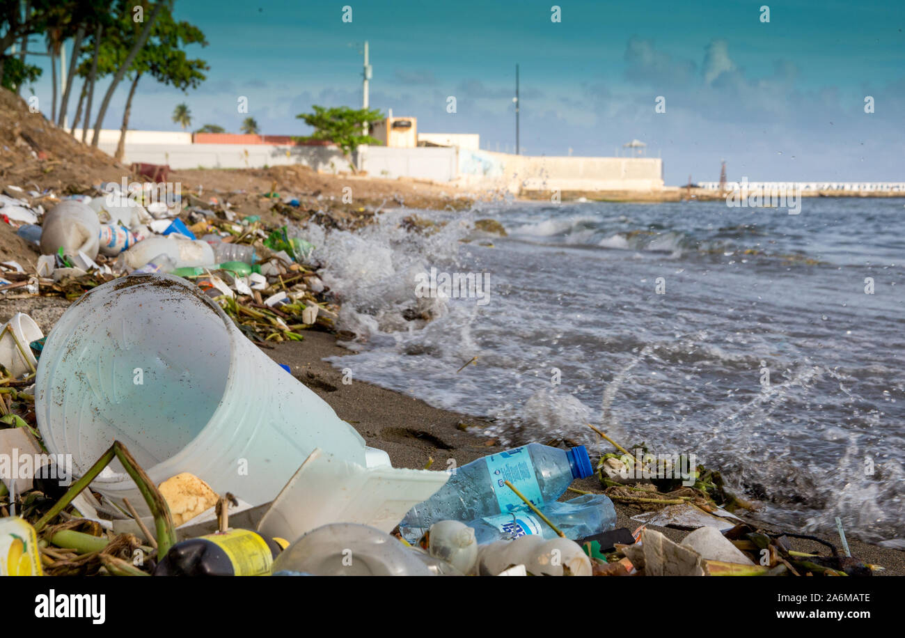 pollution on the beach of the caribbean coast in dominican republic. Stock Photo