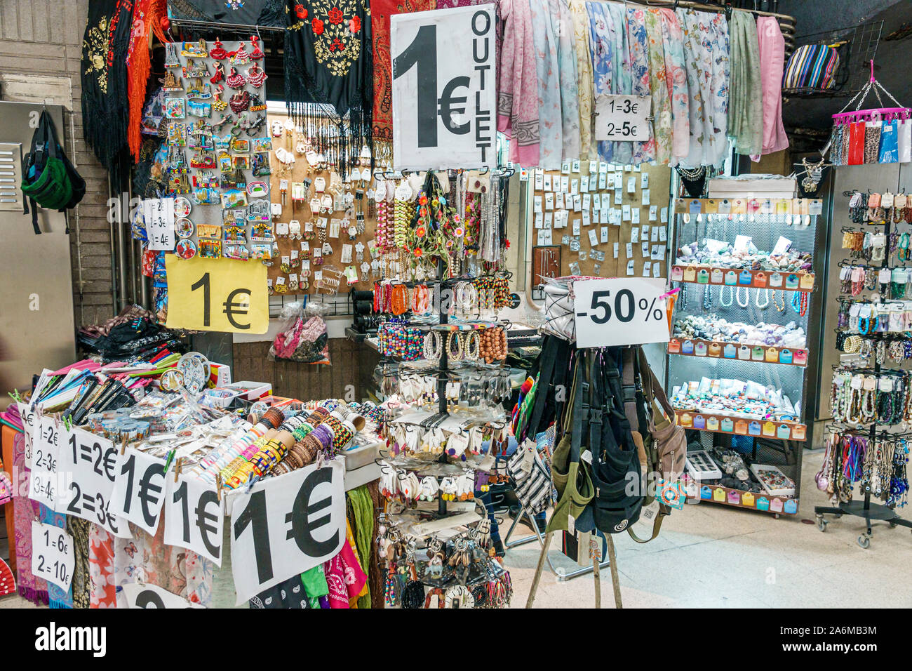 Barcelona Spain Catalonia Catalunya discount store display sale inside  interior 1 Euro outlet bracelets 50% Hispanic Spanish Europe EU Eurozone  Stock Photo - Alamy