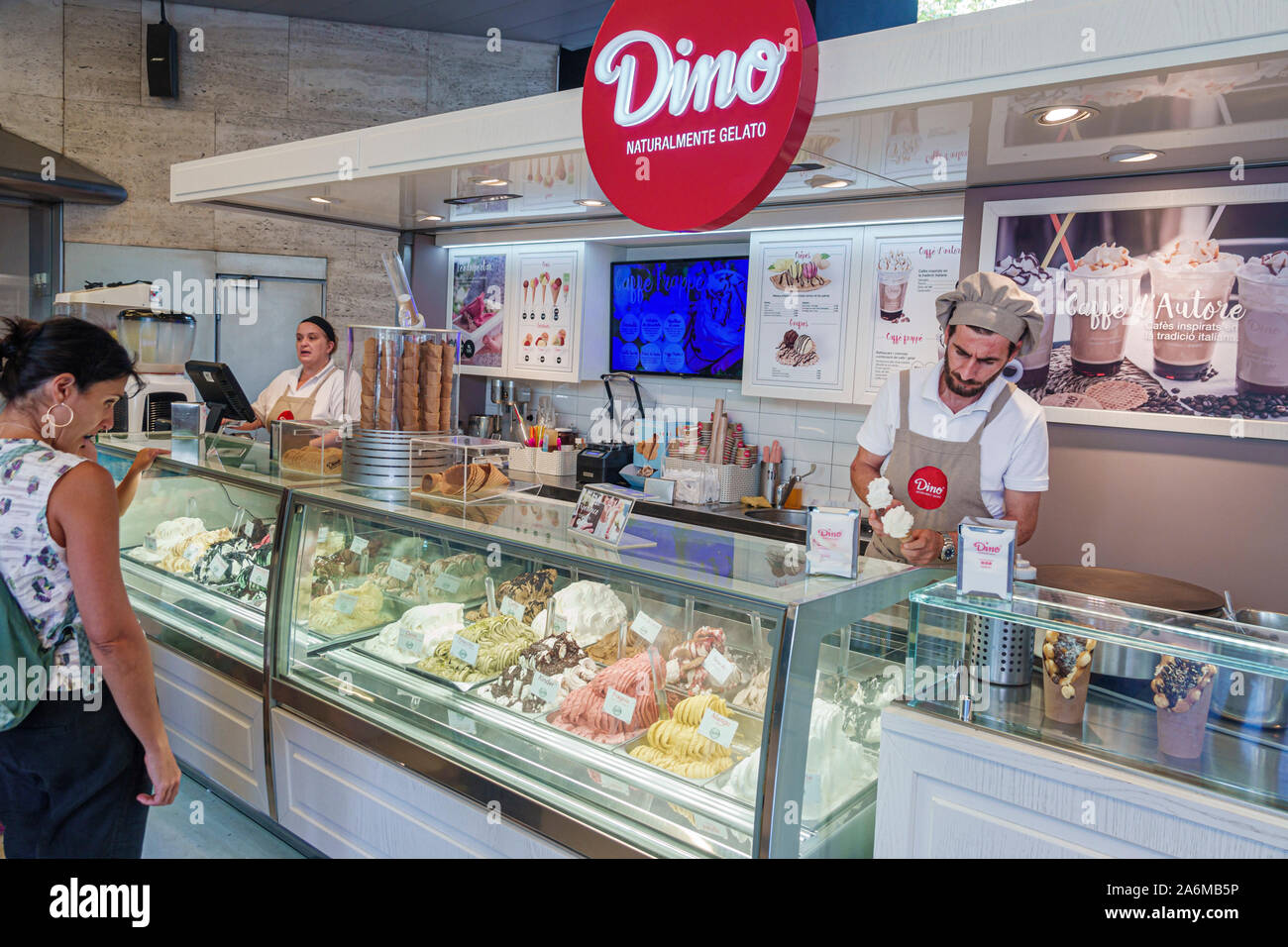Barcelona Spain,Catalonia Les Corts,L'illa Diagonal,shopping mall,food court,Dino,gelato shop,ice cream,counter,man,woman,customer,attendant,Hispanic, Stock Photo