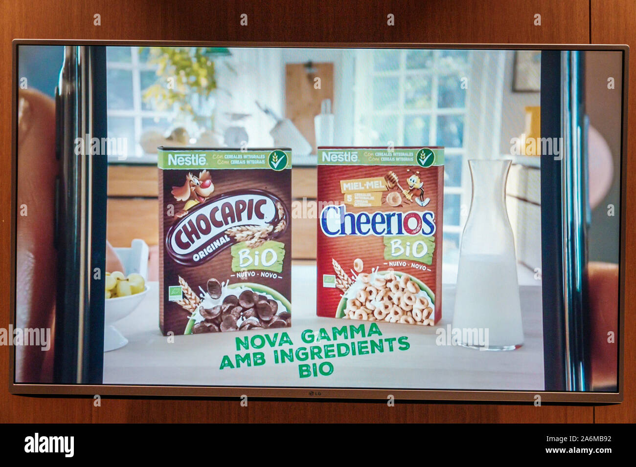 Barcelona Spain,Catalonia Catalunya,TV television screen,commercial advertisement ad advertising advertisement,Nestle,cereal,Cheerios,Chocapic,organic Stock Photo