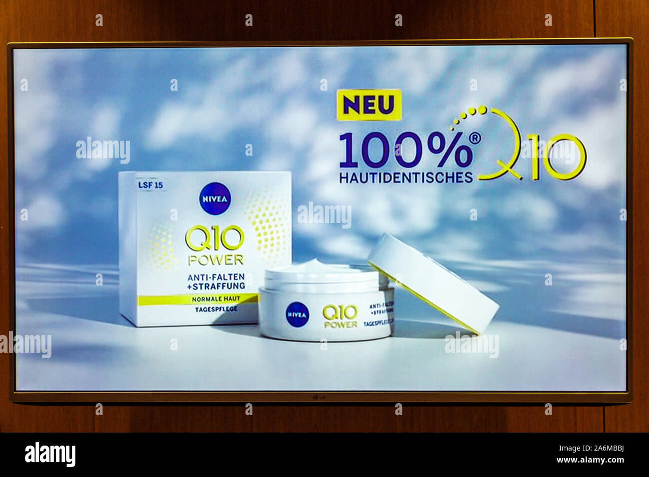 Barcelona Spain,Catalonia Catalunya,TV television screen,commercial advertisement ad advertising advertisement,Nivea Q10 anti-wrinkle firming cream,sk Stock Photo