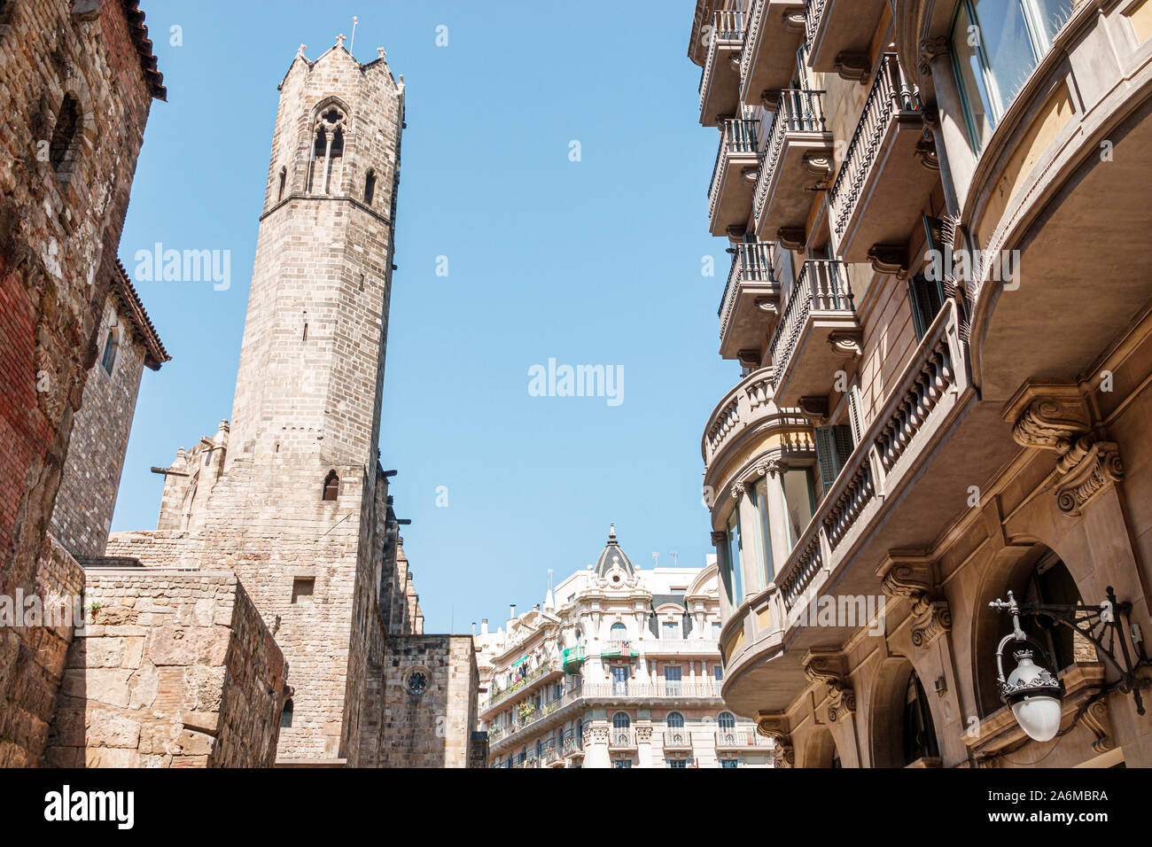Barcelona Spain,Catalonia Ciutat Vella,historic center,Chapel of Santa Agata,Royal Chapel,octagonal bell tower,Gothic architecture,1302,building,balco Stock Photo