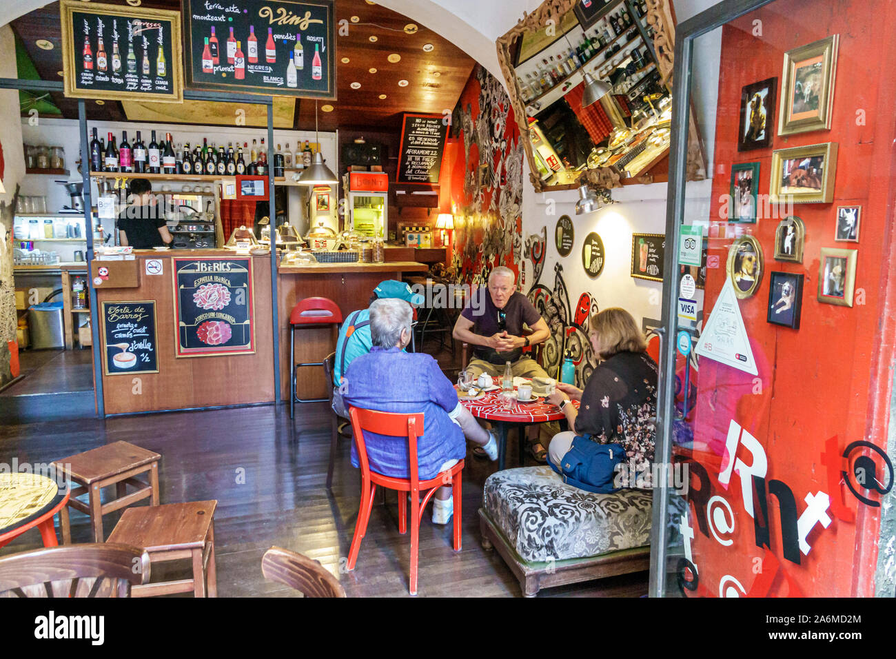 Barcelona Spain,Catalonia Ciutat Vella,El Born,historic center,Bornet,internet cafe,artsy coffeehouse,inside,bar,man,woman,couple,senior,ES190903138 Stock Photo