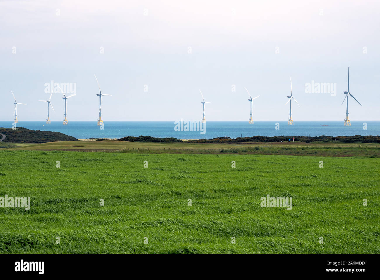 Offshore wind turbines along the coast of Scotland. Cultivated field is in foreground. Stock Photo