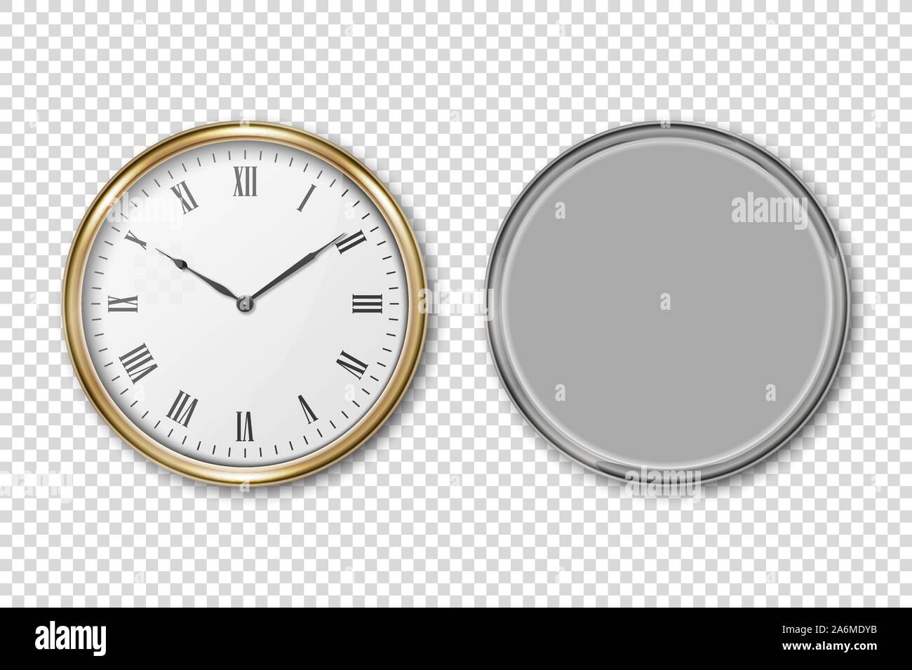 Vector 3d Realistic Metal Golden and Silver Wall Office Clock Icon Set ...