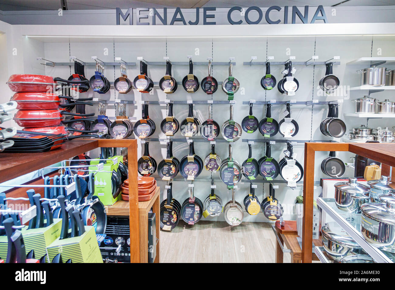 Barcelona Spain,Catalonia Plaza de Francesc Macia,El Corte Ingle,Spanish department store,shopping,inside,kitchenware,cookware,frying pans,display sal Stock Photo