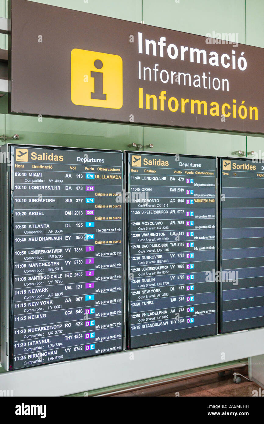 Barcelona Spain,Catalonia Barcelona-El Prat Josep Tarradellas Airport BCN,terminal T1,A,real-time digital flight information board,inside,departures,E Stock Photo