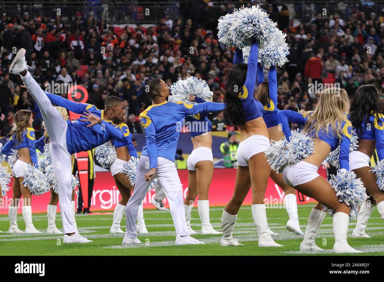 London, UK. 27th Oct, 2019. LA Rams cheerleaders perform during the NFL game between Cincinnati Bengals and LA Rams at Wembley Stadium in London, United Kingdom. 27 October 2019 Credit: European Sports Photographic Agency/Alamy Live News Stock Photo