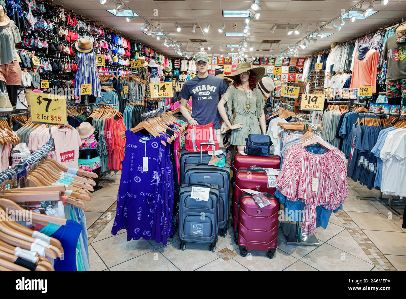 Miami Beach Florida,North Beach,store,shopping,beach-related goods,resortwear,clothes,luggage,budget sale price,FL190819004 Stock Photo