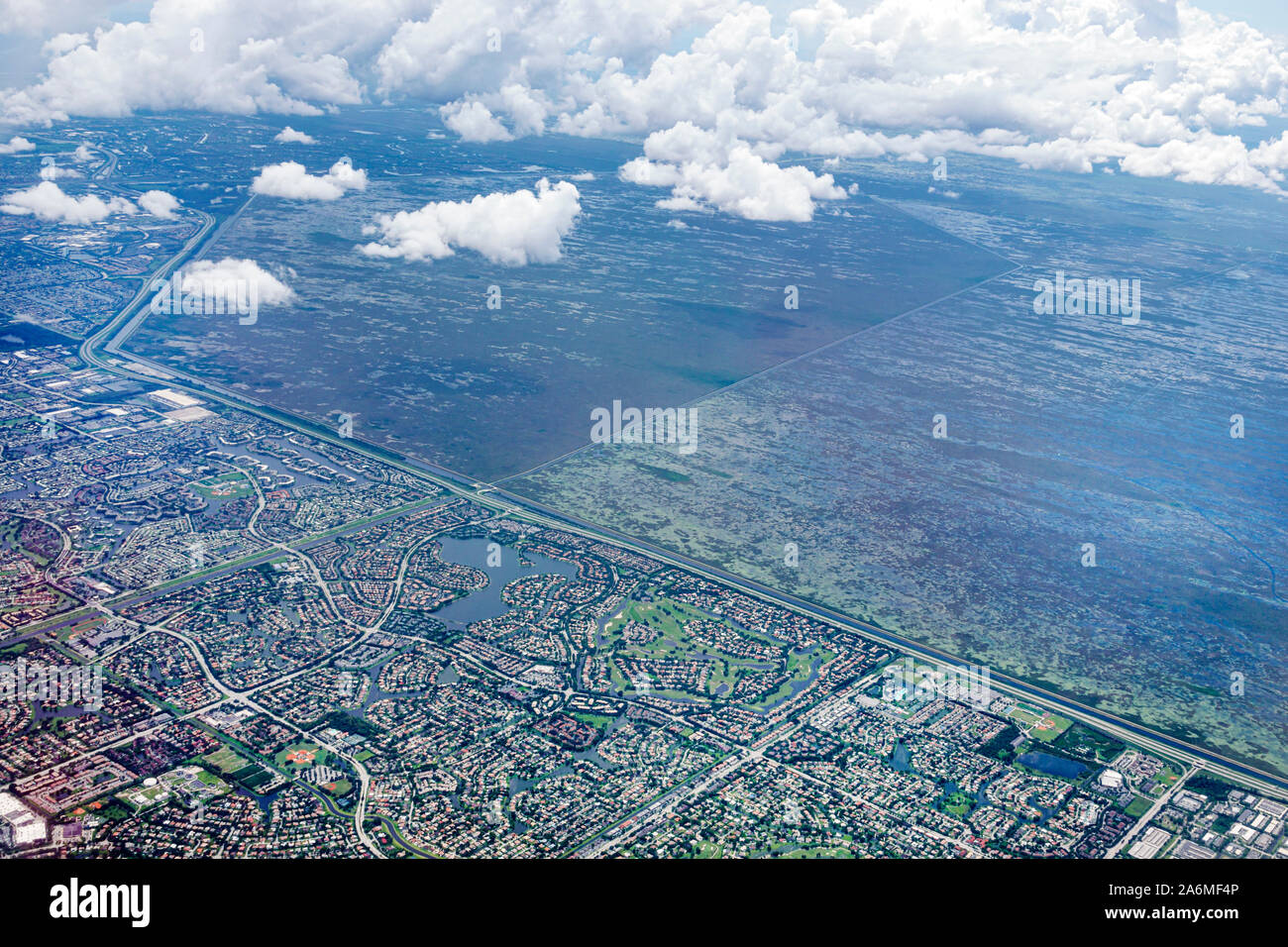 Fort Ft. Lauderdale Florida,window seat,aerial view,Everglades Wildlife Management Area Water Conservation Area 2B,protected wetlands,urban developmen Stock Photo