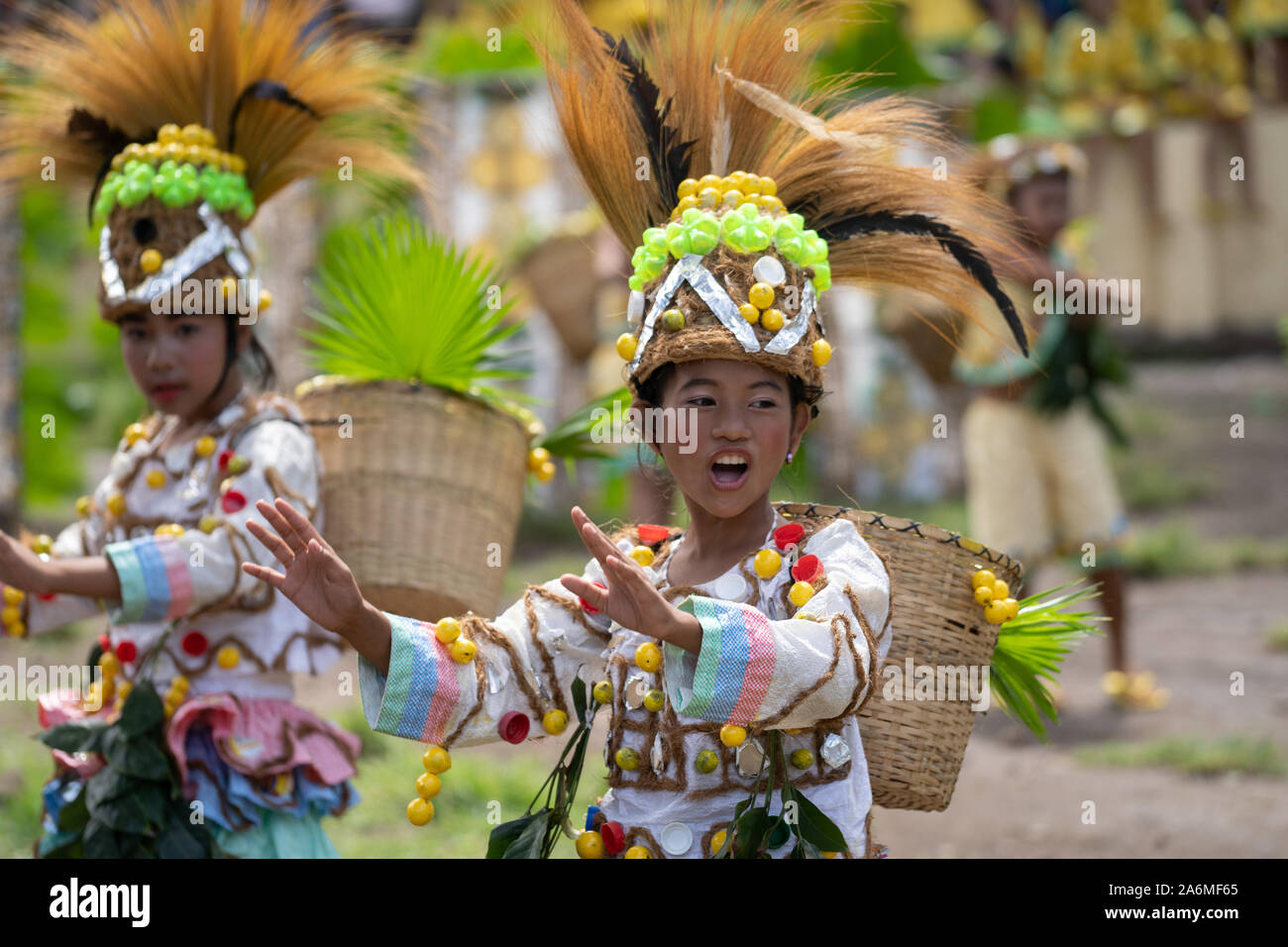 Camiguin Island,Mindanao,Philippines 27th October 2019.School children perform in a spectacular street dancing parade as part of the 40th Lanzones fes Stock Photo