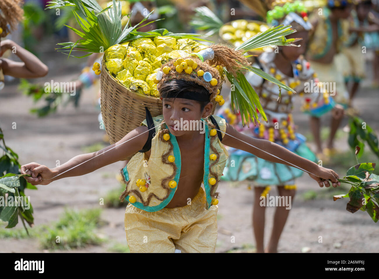 Camiguin Island,Mindanao,Philippines 27th October 2019.School children perform in a spectacular street dancing parade as part of the 40th Lanzones fes Stock Photo