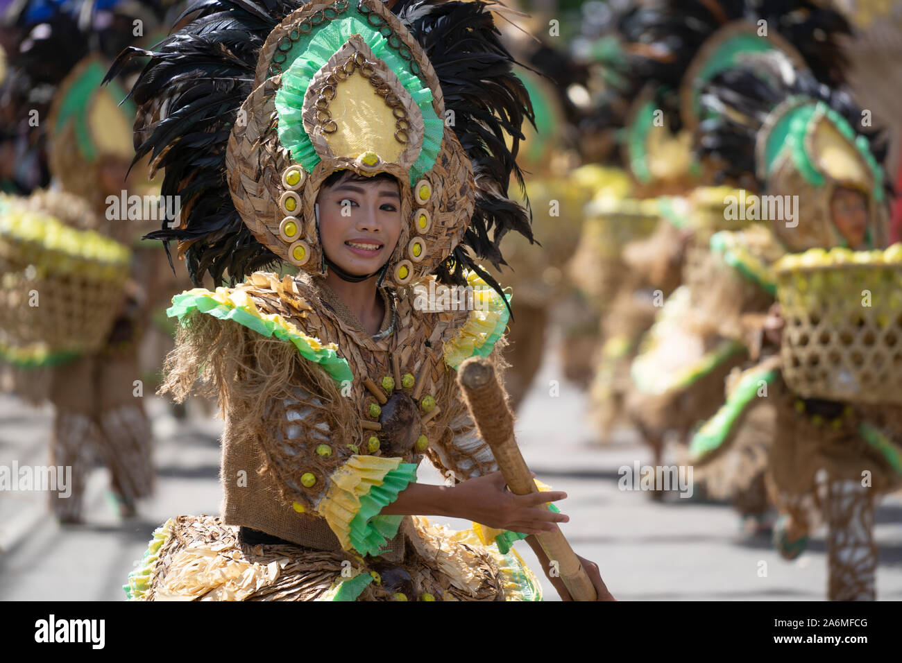 Camiguin Island,Mindanao,Philippines 27th October 2019.School children perform in a spectacular street dancing parade as part of the 40th Lanzones fes Stock Photo