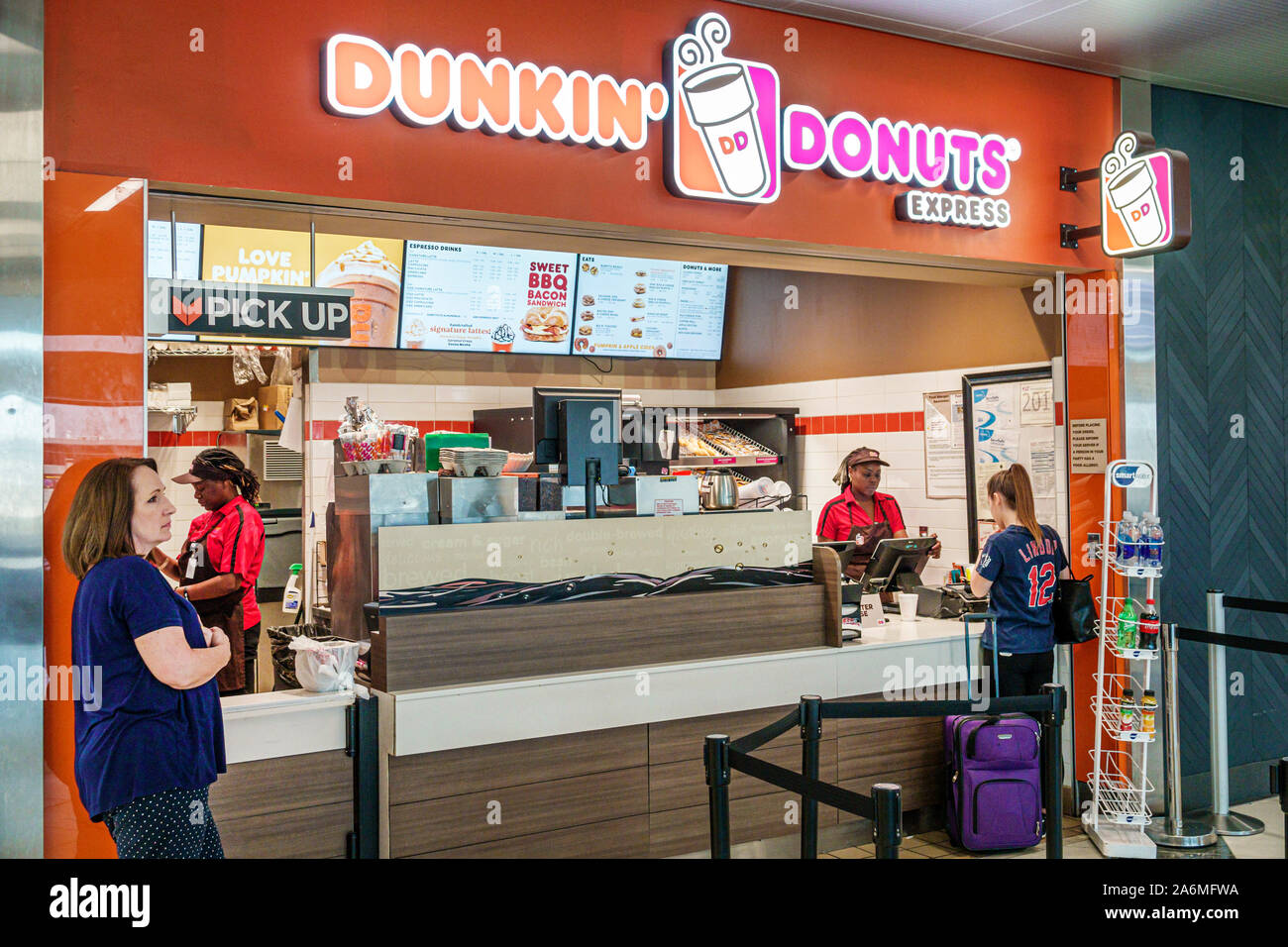 Georgia,Atlanta,Hartsfield-Jackson Atlanta International Airport,terminal,inside interior,Dunkin Donuts Express,counter,coffeehouse,donut shop,Black B Stock Photo