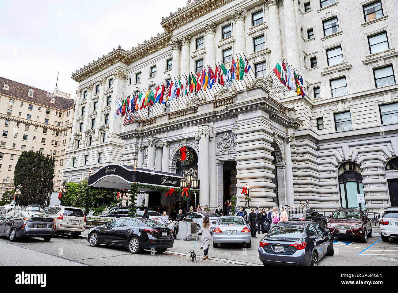 San Francisco, California, USA - December 15, 2018: Christmas for Tourists and Travelers at the busy Fairmont Hotel Stock Photo