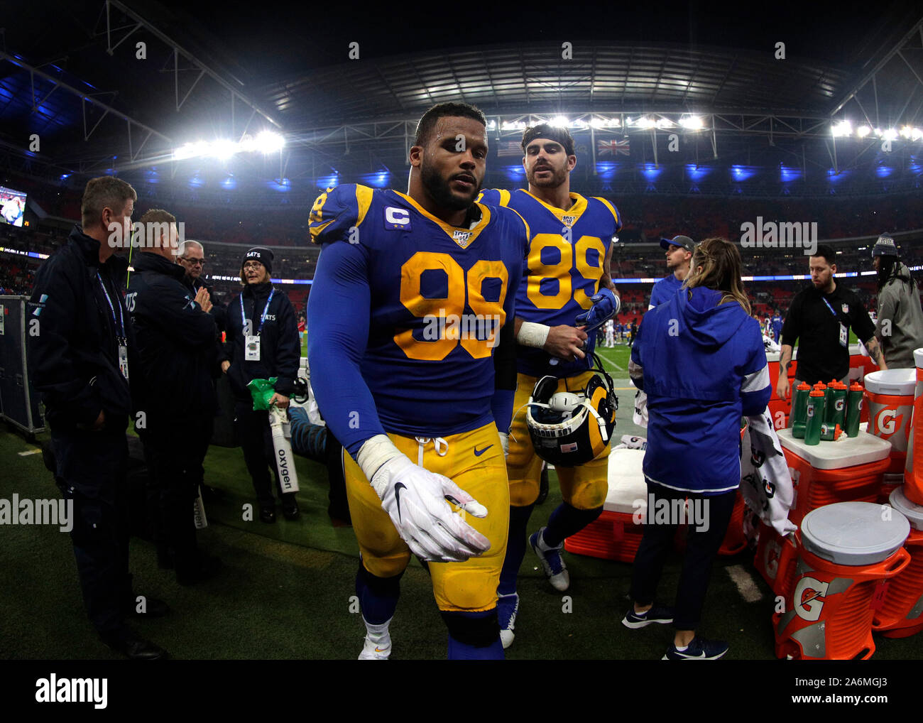 Wembley Stadium, London, UK. 27th Oct, 2019. National Football League, Los Angeles Rams versus Cincinnati Bengals; Aaron Donald of Los Angeles Rams and Tyler Higbee of Los Angeles Rams walking down the tunnel after full time - Editorial Use Credit: Action Plus Sports/Alamy Live News Stock Photo