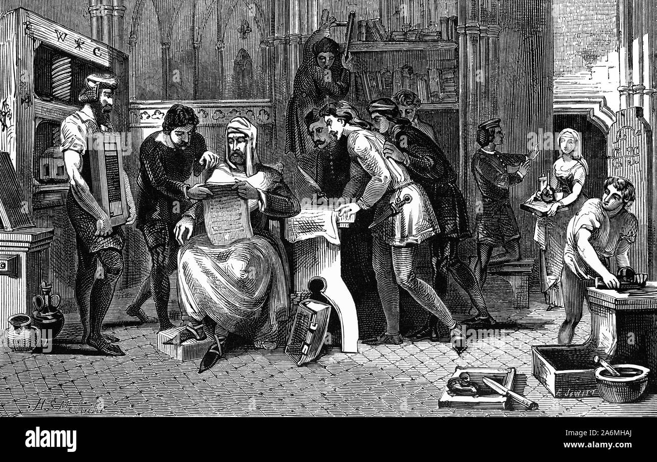 William Caxton (1422–1491) examining his first printing. Caxton was an English merchant, diplomat, and writer. He is thought to be the first person to introduce a printing press into England, when in 1476, he returned to England and set up the first printing shop in the country near Westminster Cathedral. From here he issued over a hundred books between 1476 and 1492, the year of his death. Stock Photo