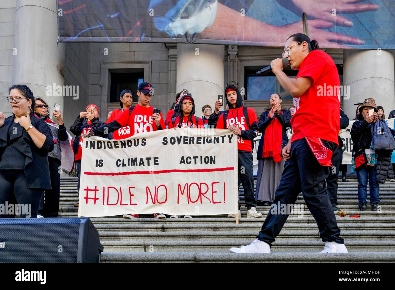 Indigenous activists at Climate Strike, Vancouver, British Columbia, Canada Stock Photo